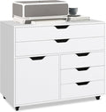 File Cabinet 5 Drawer Filing Cabinet with Door Mobile Storage Organizer Wooden Printer Stand on Wheels for Study Home Office Living Room White