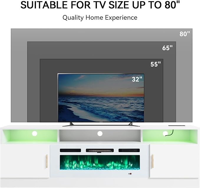 MXV 70 Fireplace TV Stand with Power Outlet for TVs UP to 80 Electric Fireplace Entertainment Center with LED Lights &amp Storage Cabinets TV Console for Living Room Office White-White