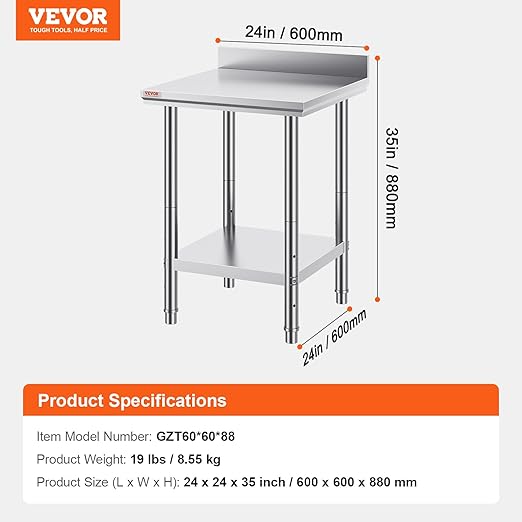 Mophorn Stainless Steel Table Work Table 24 x 24 x 34 Inch Commercial Food Prep Worktable Heavy Duty Prep Worktable Metal Work Table with Adjustable Feet for Restaurant Home and Hotel