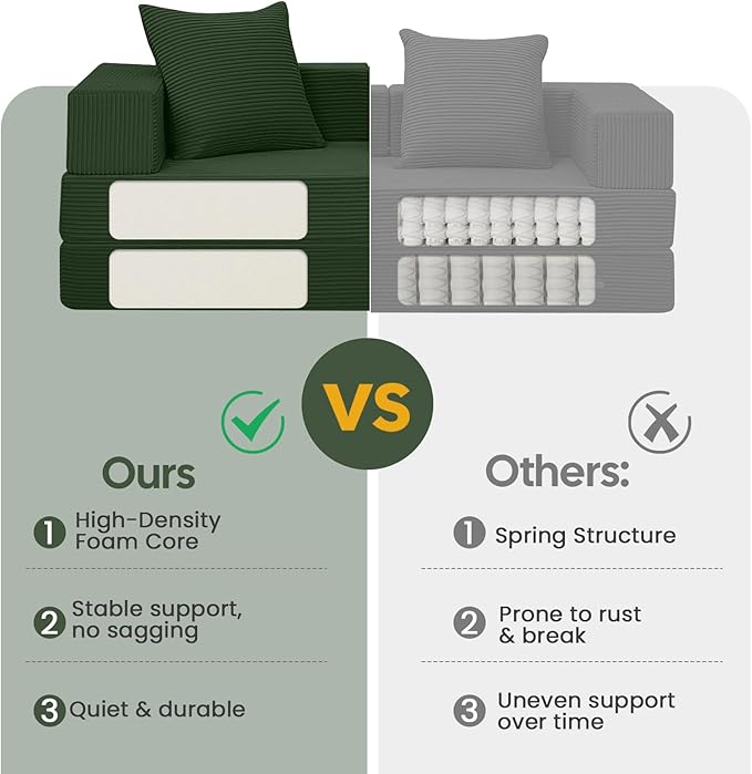 COMAX Futon Sofa Bed 4‑in‑1 Convertible Sofa Bed Folding Boneless Couches for Living Room Fold Out Small Foldable Loveseat Floor Sleeper Comfy Mattress Lounge Space‑Saving Green