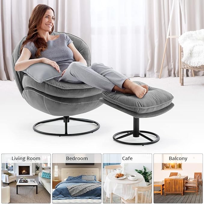 Velvet Swivel Accent Chair with Ottoman Set Modern Lounge Chair with Metal Base Frame &amp Footrest Comfortable Single Leisure Sofa Chair Reading Chair with 360 Degree Swiveling for Living Room Gr