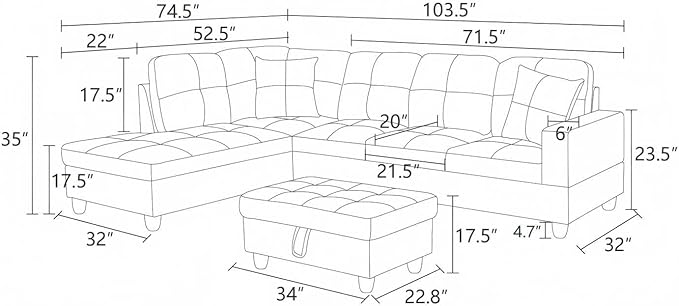 L-Shaped 3-Piece Lint and PVC Sofa with Storage Ottoman Set Sectional Couch Sofa Set for Living Room Office Small Space Dark Blue and Brown