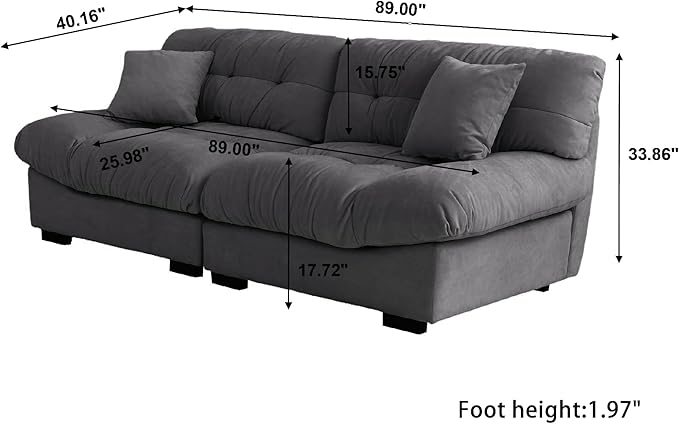 JACH 89 Oversized Deep Sectional Couch Minimalist Love Seat Couches Sectional Sofas with Thick Cushion Comfy Corduroy Sofa with Two Pillows for Living Room Apartment Office Grey