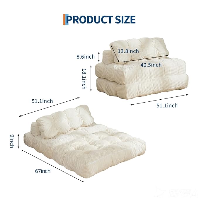 Garvee Folding Sofa Bed Convertible Sleeper Chair with Pillow Foldable Mattress with Back Support Boneless Fold Out Chair Bed Comfy Floor Sofa Lounge for Living Room Bedroom Beige Full