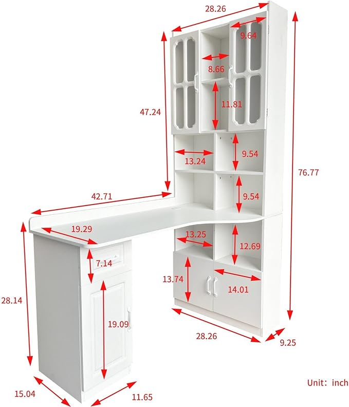 L-Shaped Corner Computer Desk with Hutch Home Office Desk with Storage Shelves Bookcase Cabinet &amp Drawer for Study Room Large Working Space Computer Table for Small Space
