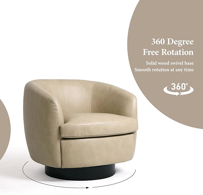 Swivel Barrel Accent Chair Comfy Modern Upholstered Round Faux Leather Reading Arm Chair for Living Room Bedroom (Cream Set of 2)