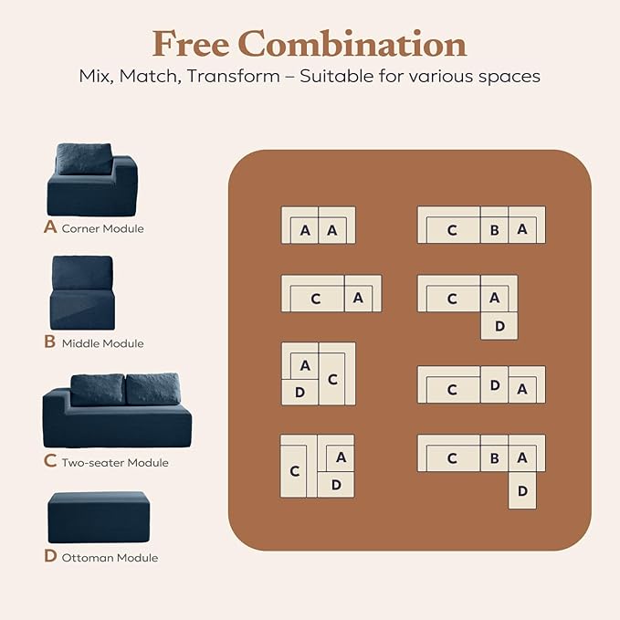 30 Modular Upholstered Foam Couch Upholstered Floor Sofa Couch with Pillow Bean Bag Chair for Bedroom Living Room No Assembly Required (Blue Teddy Boucle)