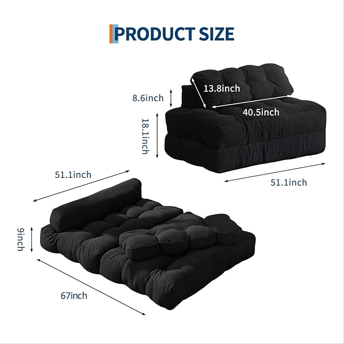 Garvee Folding Sofa Bed Convertible Sleeper Chair with Pillow Foldable Mattress with Back Support Boneless Fold Out Chair Bed Comfy Floor Sofa Lounge for Living Room Bedroom Black Full