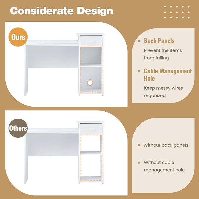 Tangkula White Desk with Drawer Modern Computer Desk with Adjustable Shelf &amp Cable Hole Compact Writing Study Desk Wooden Computer Workstation for Home or Office White