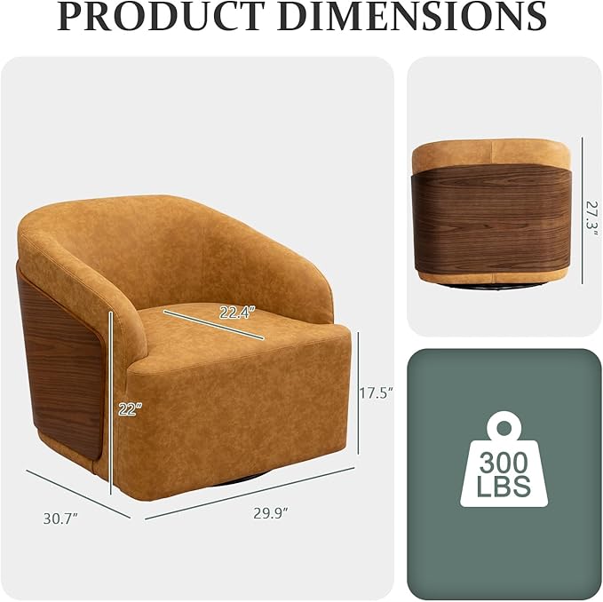 Swivel Accent Chair Faux Leather Swivel Barrel Chair Comfortable Mid Century Modern Chair Upholstered Metal Base Armchair for Living Room Bedroom Office Large Vintage Yellow