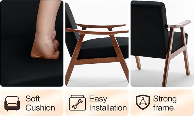 Mid-Century Modern ChairUpholstered Armchair Living Room Chair with Solid Wood Frame Comfy Reading Chairs Lounge Side Chair for Living RoomBedroomBelcony. (Black+Velvet)