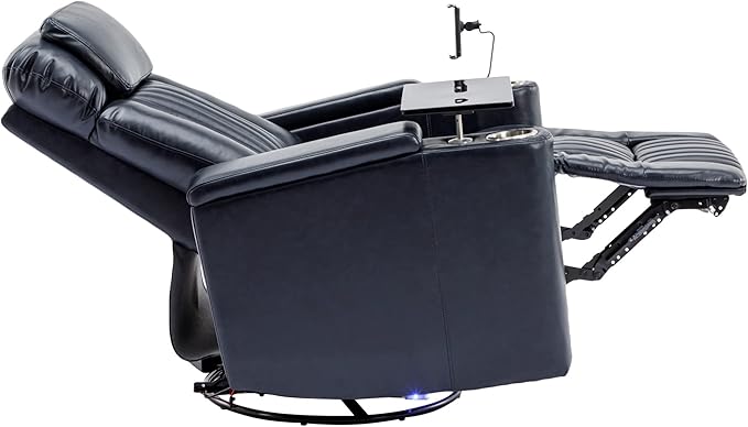 270° Power Swivel Recliner Home Theater Seating With Hidden Arm Storage and LED Light Strip Cup Holder 360° Swivel Tray Table and Cell Phone Holder Soft Living Room Chair Blue