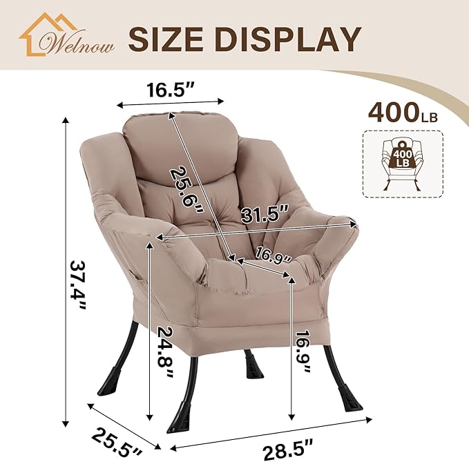Welnow Lazy Chair for Living Room Modern Reading Accent Chair with Armrests and a Side Pocket Leisure Upholstered Lazy Sofa for Small Space Bedroom Dorm Khaki