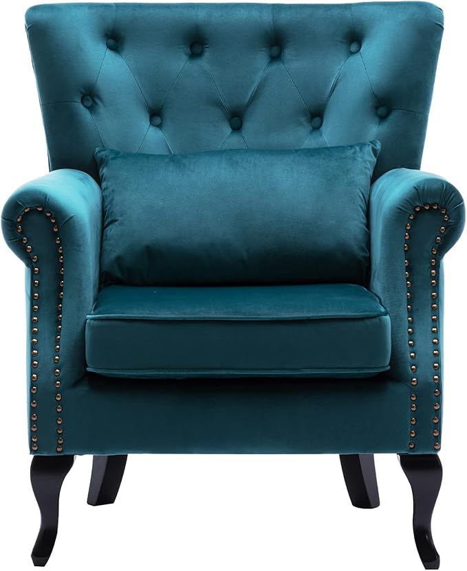 chairus Mid-Century Modern Accent Chair Comfy Tufted Single Sofa Chair Wingback Armchair with Pillow for Club Living Room Bedroom - Velvet Teal