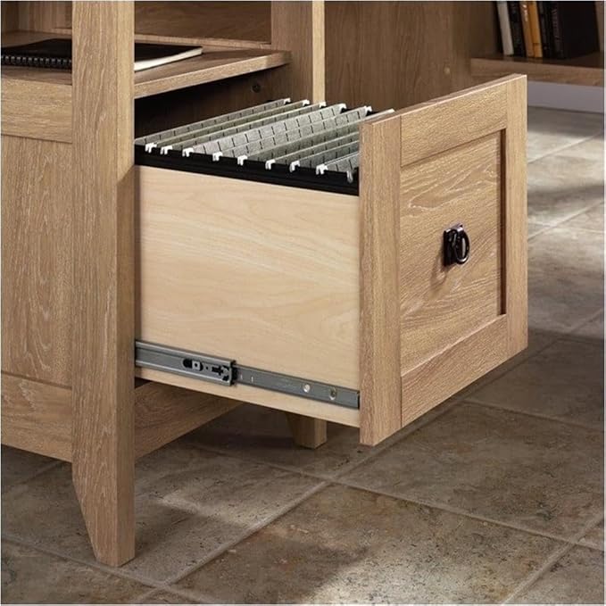 Pemberly Row L-Shaped Desk 59 x 58.75 x 29.25 in Manufactured Wood Dover Oak and Slate Finish Cable Management File Drawer Lower Shelf Transitional Style Home Office Desk