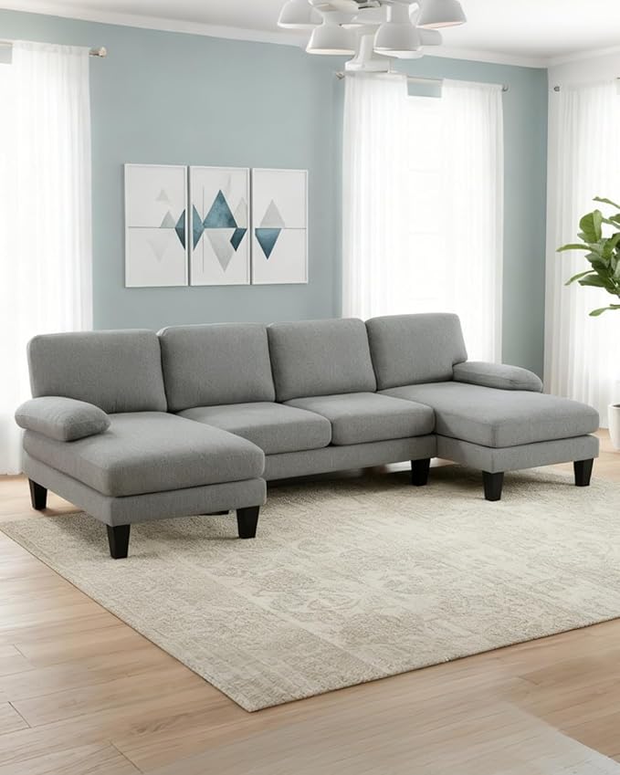Karl home 110 Sectional Couches for Living Room U-Shape Sofa with Chenille Upholstery 4 Seat Sofa Set with Double Chaises &amp Wood Grain Legs for Apartment Dusty Gray