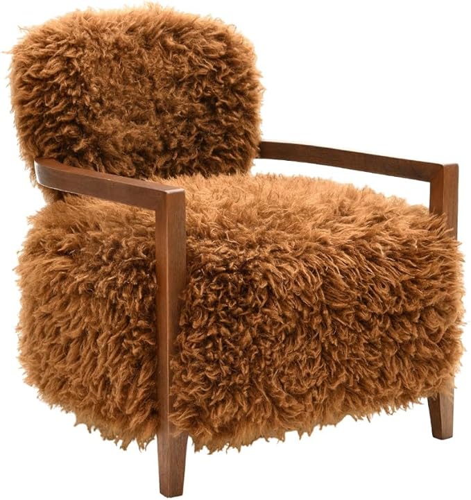 Modern Luxury Reading Chair with Wooden HandrailComfortable Faux Fur Side Chair Accent Chair for ApartmentLiving RoomOfficeStudyCamel+Brown
