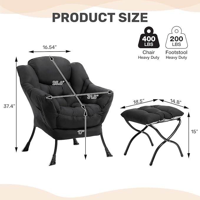 HollyHOME Lazy Chair with Foldable Ottoman Accent Comfy Lounge Armchair and Folding Footrest Stool Leisure Sofa Reading Chair and Footstool for Living Room Bedroom DormPeachskin Fabric Black