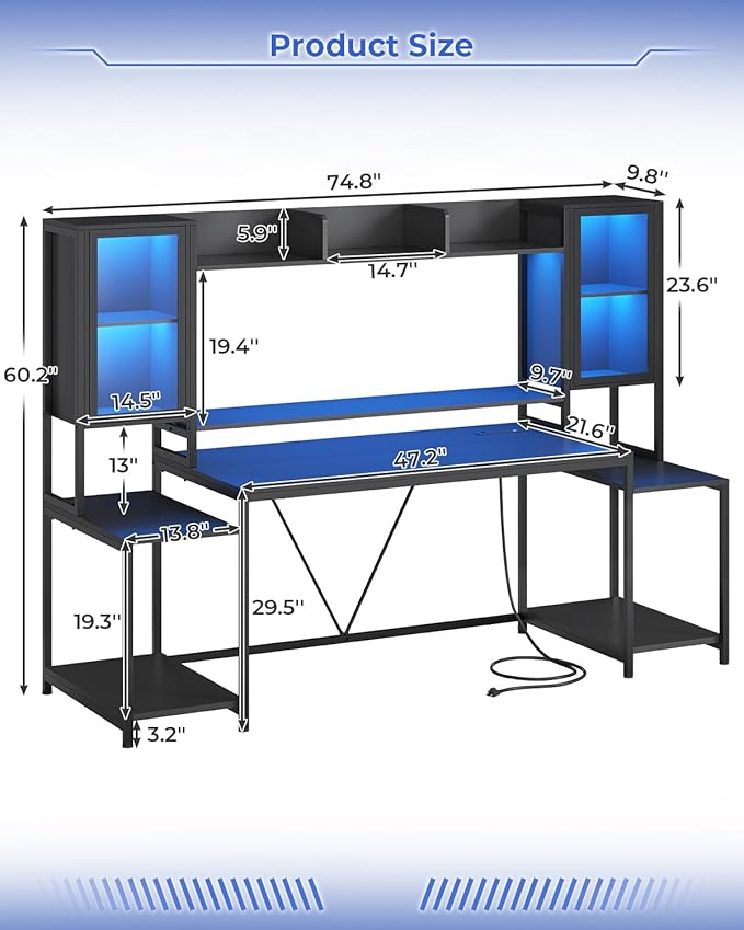 SEDETA Gaming Desk 74.8'' with LED Lights Hutch and Storage Shelves Computer Desk with Monitor Stand Large PC Gamer Desk Workstation Ergonomic Gaming Table for Bedroom Living Room Black