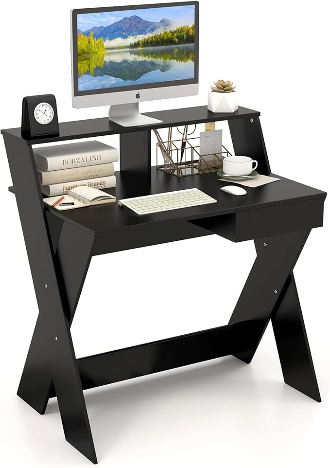 Tangkula 2-Tier Computer Desk with Storage Drawer Small Writing Desk with Monitor Stand Riser Thoughtful Footrest &amp X-Shaped Legs Compact Study Table for Small Space Home &amp Office (Black)