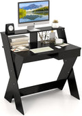 Tangkula 2-Tier Computer Desk with Storage Drawer Small Writing Desk with Monitor Stand Riser Thoughtful Footrest &amp X-Shaped Legs Compact Study Table for Small Space Home &amp Office (Black)