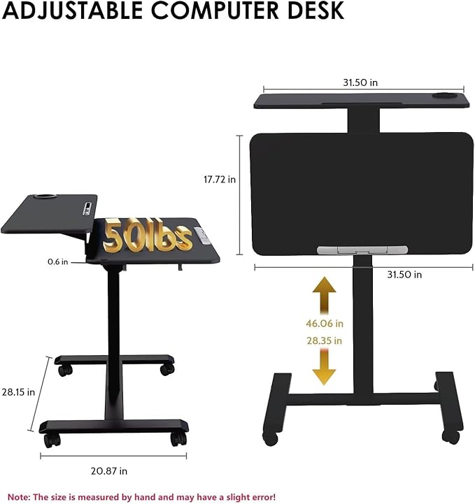 Pneumatic Standing Desk with Wheels - Adjustable Height 28 - 46 &amp 0-90° Tilt 31.5 x 17.7 Skin-Feel Desktop Rolling Computer Desk for Home Office Hospital School (Black)