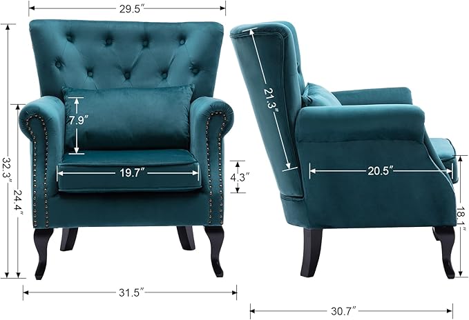 Kmax Velvet Club Chair Tufted Throne Chair Mid Century Accent Wingback Chair Padded Seating Wood Legs Home Club Bedroom Living Room Teal Blue
