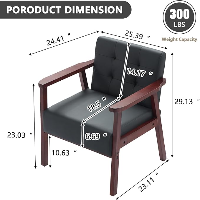 Anwick Mid-Century Modern Accent ChairPU Leather Living Room Chair with Solid Wood FrameComfy Armchair Lounge Reading Chairs for Bedroom Office Small Spaces (Black)