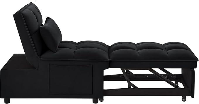 LUMISOL 4 in 1 Loveseat Sofa Bed with Armrests and Storage Pockets Multifunctional Tufted Pull-Out Sofa Bed with Adjustable Backrest and Pillows Convertible Loveseat Sofa Couch 1 Seat Black