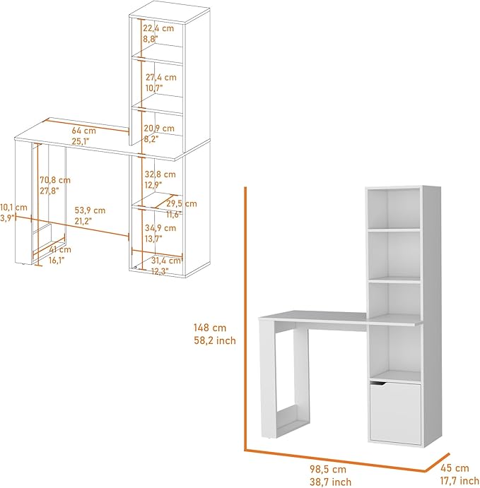 Penau Stylish White Office Desk with Integrated Bookcase Lower Cabinet for Storage Durable Particle Board Construction 58.27 Inches Height 38.78 Inches Width