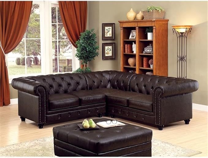 Bowery Hill Armless Accent Chair 23.63W x 35.63D x 33H Faux Leather Upholstery Brown Finish Foam Cushions Button-Tufted Design Espresso Wood Feet Contemporary Style for Living Room Seating