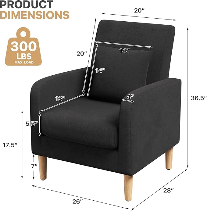 Magshion Mid-Century Accent Chair for Living Room Comfy Reading Chair for Bedroom Upholstered Linen Fabric Armchair Single Sofa with Back Pillow &amp Wood Legs 300 lbs Capacity Black
