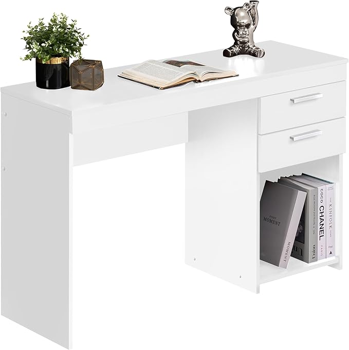 Techni Mobili Engineered Wood Writing Desk with Drawers and Storage and Open Compartment - A 47.5” Wide Home Office Desk with Drawers for Ample Storage- White Desk with Storage