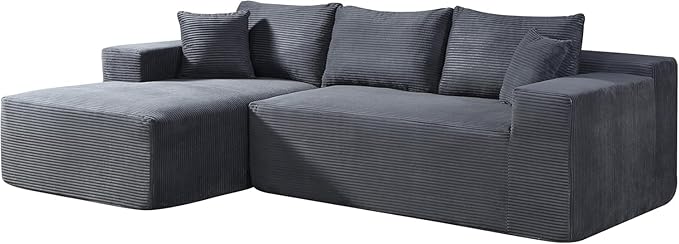 Ridge 2-Piece Convertible Corduroy L-Shaped Sofa in a Box with Pillows 3-Seater Modular Sectional Couch Compressed Living Room Furniture Dark Grey (Left Facing)