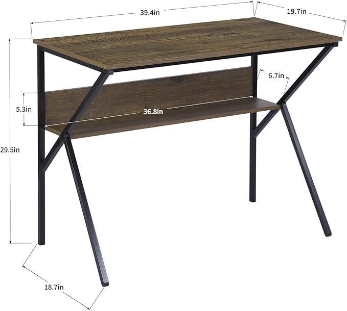 Homy Casa Industrial Computer Desk with Storage Shelf 39.4 Writing Table with X-Frame Metal Legs Retro Wood Grain Finish Home Office Workstation