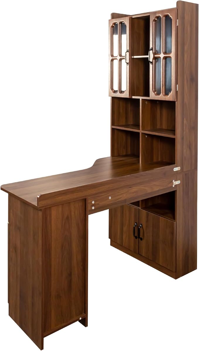 Jmyab L-Shaped Corner Computer Desk for Home Office Study Modern Style Table with Drawer Bookshelf Hutch Study Table 2-in-1 L-Shaped Design Large Working Space Walnut