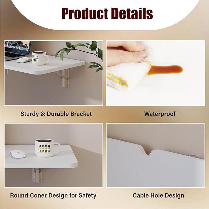Pmnianhua Wall Mounted Folding Table 47'' Floating Laptop Desk with Shelves Foldable Drop Leaf Table Wall Mount Fold Down Table for Laundry Room Kitchen Bar Home Office Small Space(White)