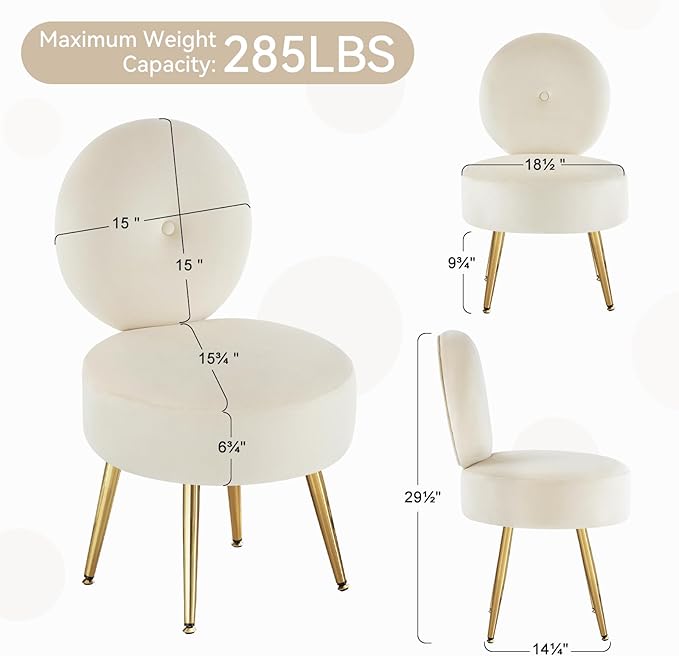 Furniliving Armless Vanity Chair for Makeup Room Velvet Vanity Stool with Back Living Room Chair with Solid Metal Legs for Bedroom Study Room Vanity(Khaki)