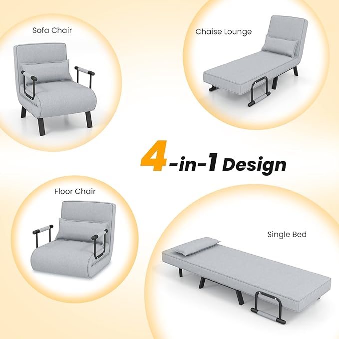 S AFSTAR 4 in 1 Convertible Sofa Bed Sleeper Chair Folding Sofa Arm Chair with Pillow and 6 Position Adjustable Backrest Full Padded Lounger Couch Bed for Home/Office (Light Grey)