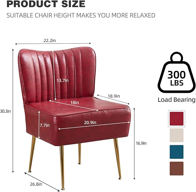 PU Leather Armless Accent Chair Set of 3Modern Comfy Living Room Slipper Chairs with Golden LegsUpholstered Single Sofa Wingback Side Corner Chair for BedroomSmall SpaceWine Red