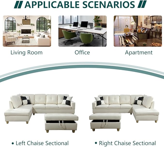 Sectional Sofa Couch with Storage Ottoman Modern L-Shaped Couch Modular Sectional Sofa Set Faux Leather Corner Chaise Lounge for Living Room Apartment Office (Left Chaise Cream White)