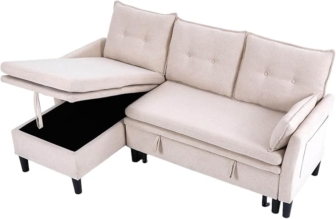 78 L-Shaped Sleeper Sofa Bed Couch 3-Seater Reversible Pull Out Couch Bed with Storage Chaise Lounge Cotton-Linen Pullout Sofabed Sectional Couches for Living Room Apartment Beige