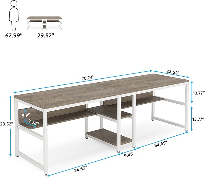 Tribesigns Two Person Desk with Bookshelf 78.7 Computer Office Double Desk for Two Person Rustic Writing Desk Workstation with Shelf for Home Office (Gray/White)