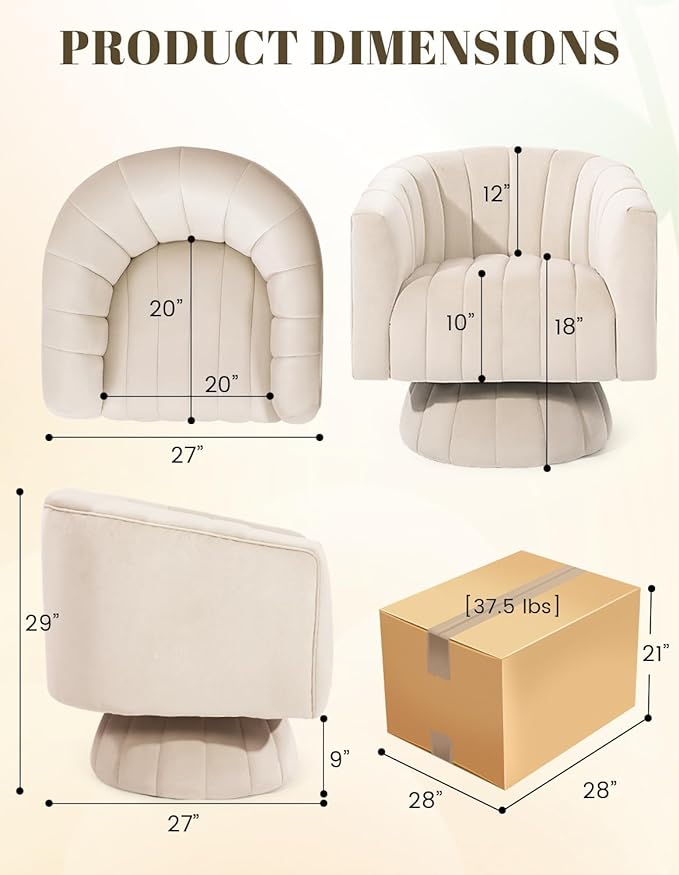 Kromax Swivel Accent Chair with Armrest Set of 2 Mid Century 360 Degree Swivel Barrel Chair Overstuffed Tufted Velvet Ideal for Living Room Bedroom Reading Room Beige