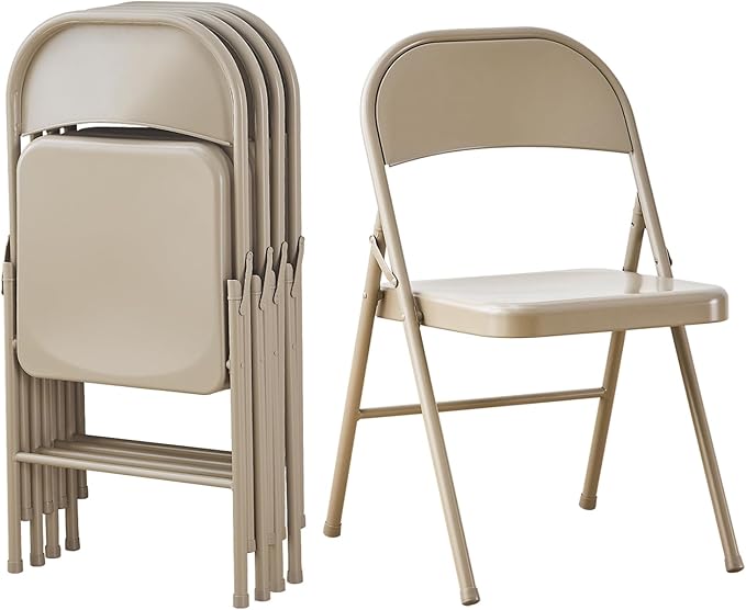KAIHAOWIN Metal Folding Chair- Set of 4 All Steel Foldable Chairs Space Saving &ampHeavy Duty for Meeting Office Wedding Party Events-Beige