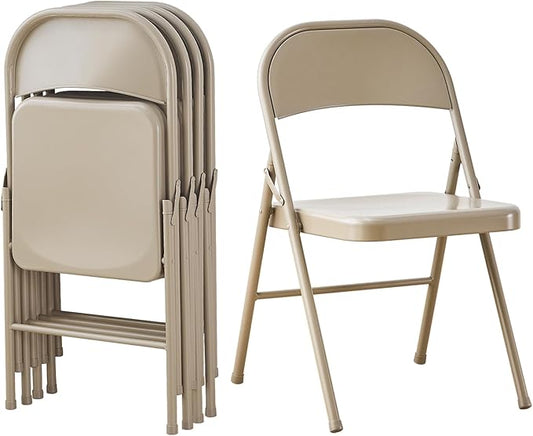 KAIHAOWIN Metal Folding Chair- Set of 4 All Steel Foldable Chairs Space Saving &ampHeavy Duty for Meeting Office Wedding Party Events-Beige