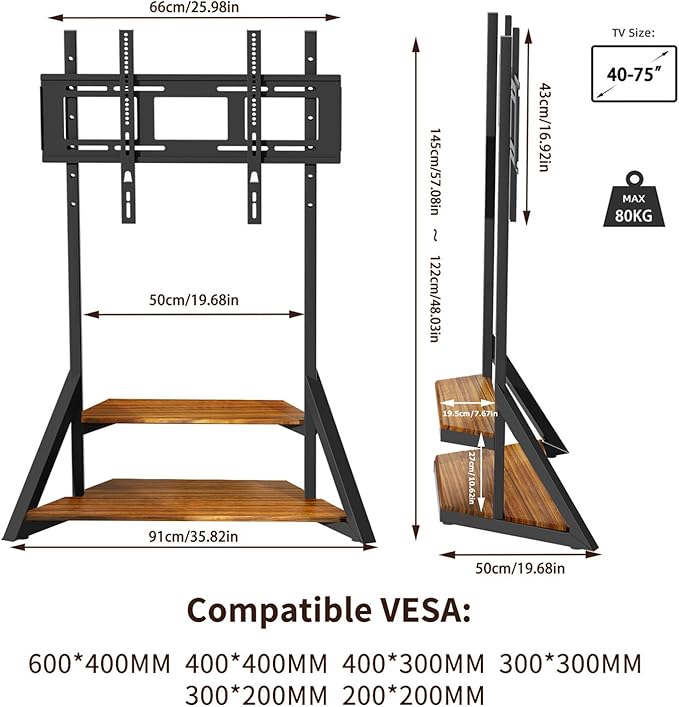 Floor TV Stand for 40-75 Inch TVs Adjustable Heights TV Mount Stands with Large Wood Shelf and Wheels Modern Living Room Rolling TV Stand Up to 180 lbs VESA 600x400mmWalnut(VC-Z1187)