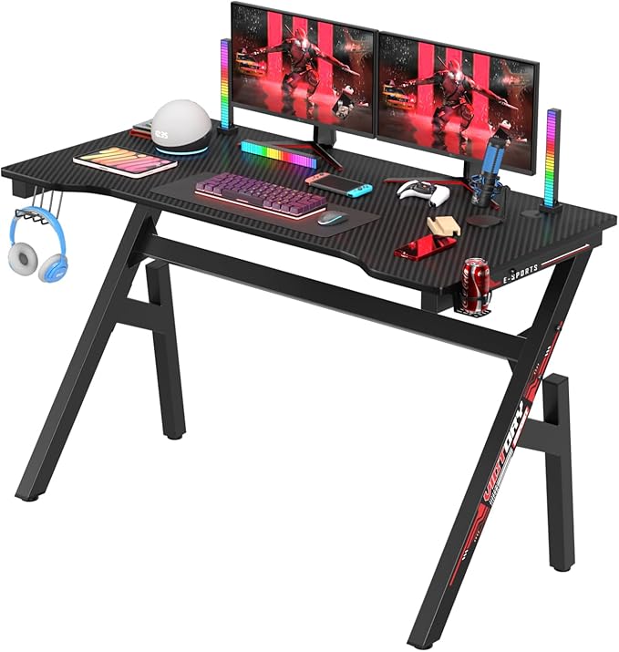 47 Inch Gaming Computer Desk Ergonomic Carbon Fiber PC Table Large Computer Desk PC Gaming Workstation Home Office Desks with Cup Holder Headphone HookRed