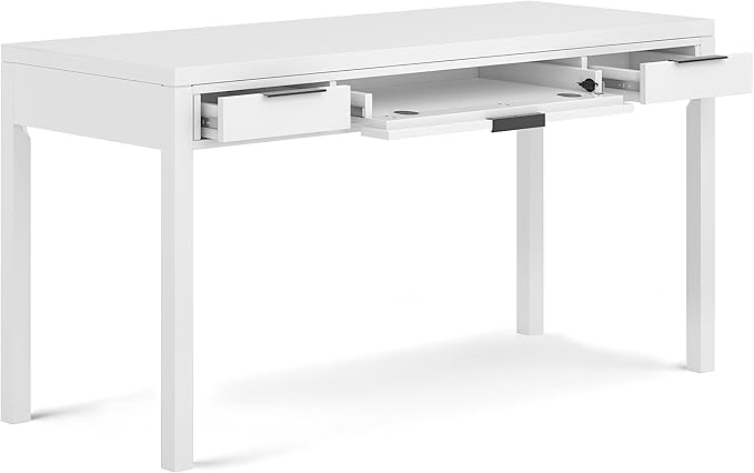 SIMPLIHOME Hollander Desk - 60 Inch Wide Solid Wood Writing Desk in White Contemporary Home Office Computer Table for Workspace or Study with 2 Drawers and Flip-Down Keyboard Tray