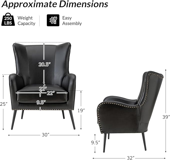 Upholstered Faux Leather Accent Chair with Black Metal Legs Comfy Armchair with Removable Cushion &amp Nailhead Trim Wingback Vanity Chair for Reading Living Room Bedroom